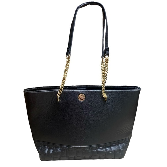 Anne Klein Black Chain Strap Pebble Faux Leather Part Quilted Shoulder Tote Bag - Picture 1 of 15